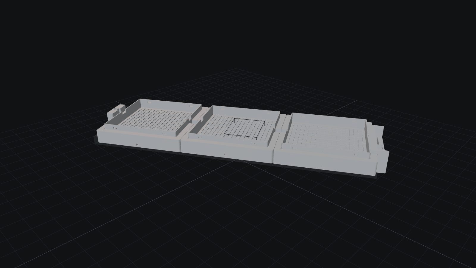 Assembly: eleven printed parts flying into the verified vertical-farm row